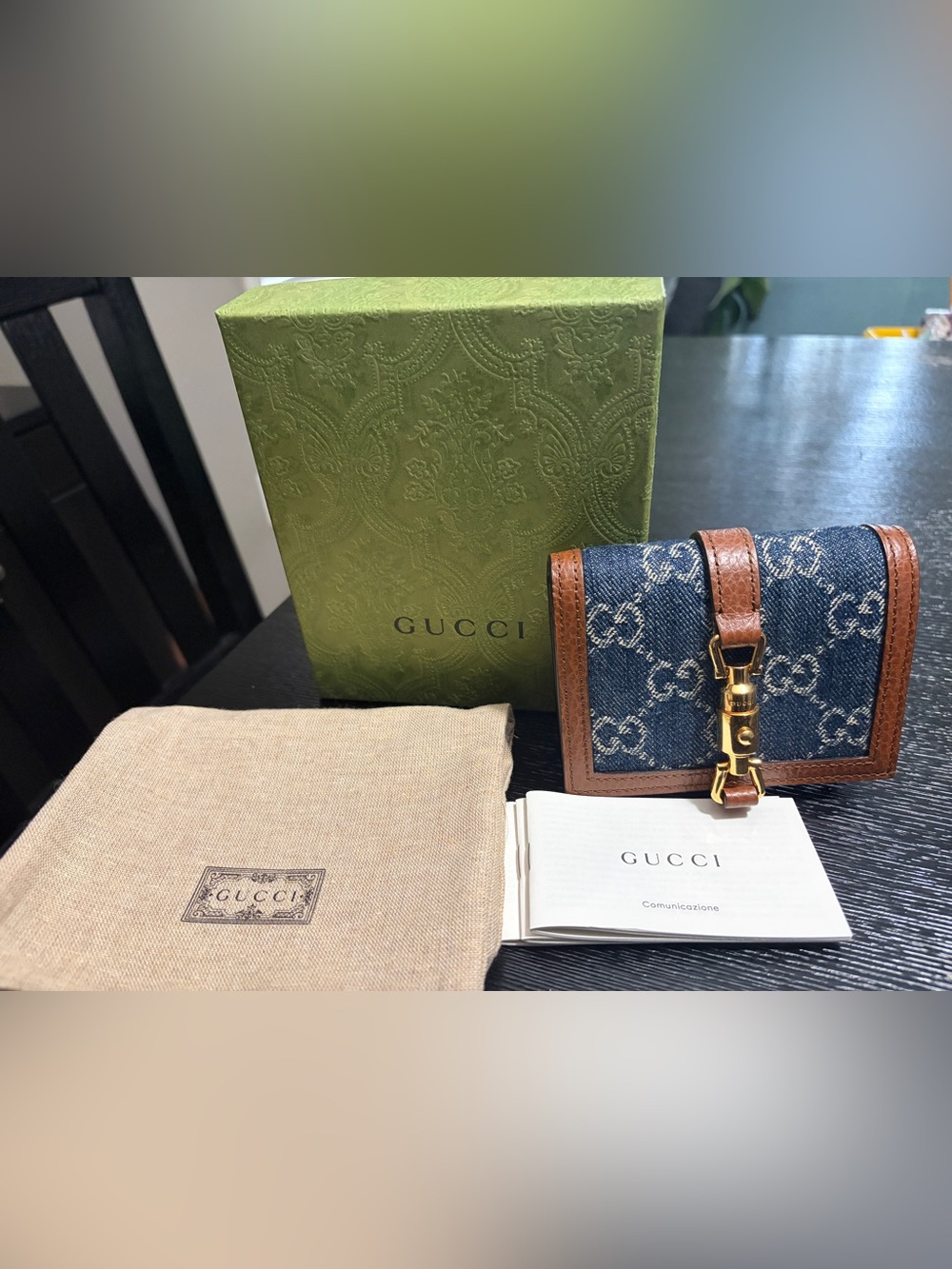 Gucci Women’s Blue Denim GG Wallet with Brown Leather Trim